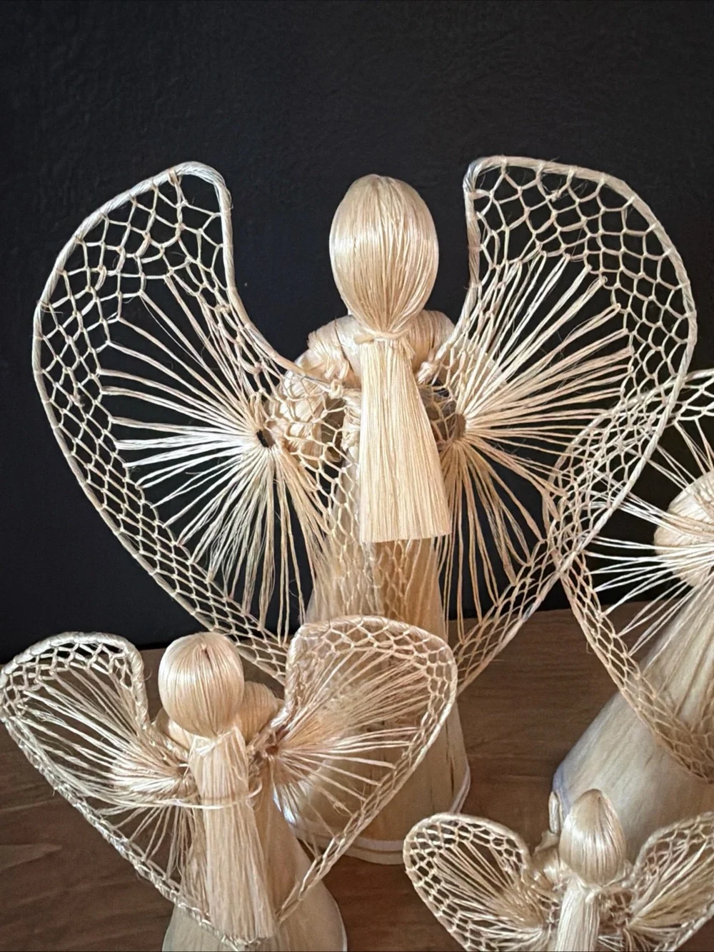 Vintage Set of 4 Abaca Straw Angel Christmas Tree Topper Rustic Country Cottage